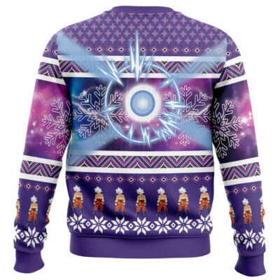 The Trunks Dragon Ball Z Ugly Christmas Sweater features a purple gradient with snowflakes, geometric patterns, animated characters on the bottom, and a glowing circle with blue energy spikes and digital effects at the center.