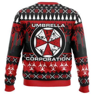 The Christmas STARS Resident Evil Ugly Christmas Sweater features the Umbrella Corporation logo, biohazard symbols, and festive patterns in red, black, and white with trees, snowflakes, and cityscape silhouettes.