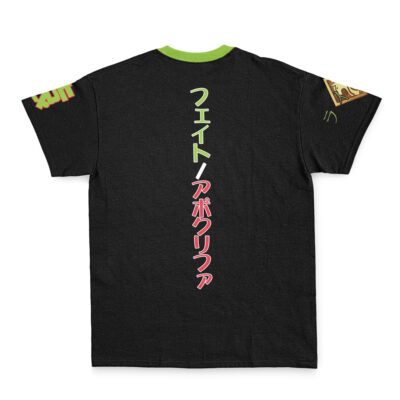The Mordred Saber of the Red Fate Apocrypha Streetwear T-Shirt is black with a green collar, features white and red Japanese characters vertically on the back, and colorful graphic patches on both sleeves.
