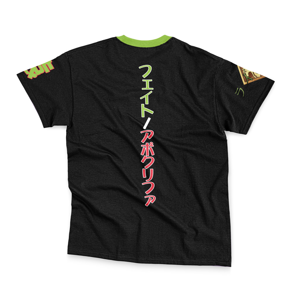The Mordred Saber of the Red Fate Apocrypha Streetwear T-Shirt features a black base with a green collar, vertical white and red Japanese text on the back, and graphic details on both sleeves. Shirt shown flat to highlight the back design.