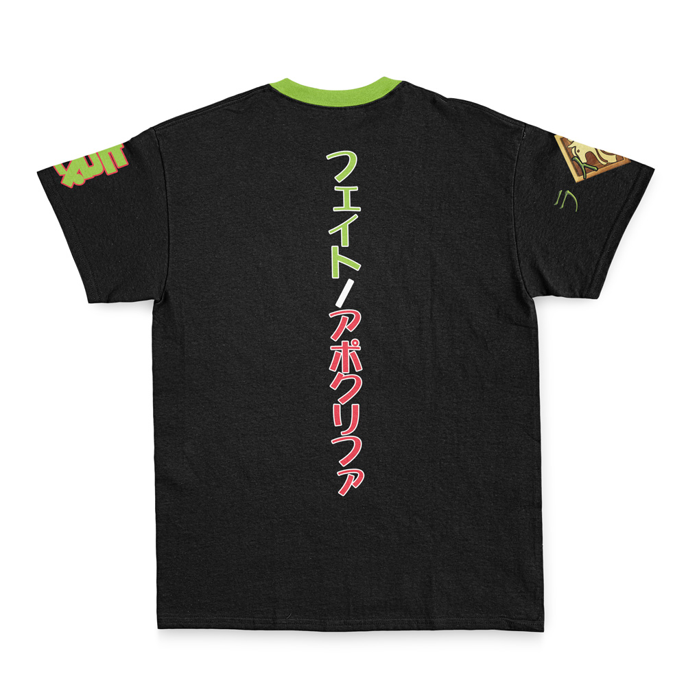 The Mordred Saber of the Red Fate Apocrypha Streetwear T-Shirt is black with a green collar, features white and red Japanese characters vertically on the back, and colorful graphic patches on both sleeves.