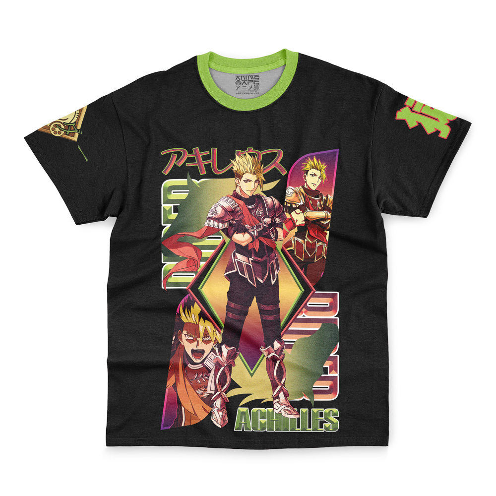 A black Mordred Saber of the Red Fate Apocrypha Streetwear T-Shirt with green accents, showcasing vibrant anime-style illustrations and bold Japanese and English text in the background.