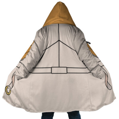 A person wearing the Mikey Sano Manjiro Flannel Tokyo Revengers Dream Cloak Coat, featuring a geometric design and yellow accents on the back, stands with arms extended to display the full pattern against a white background.