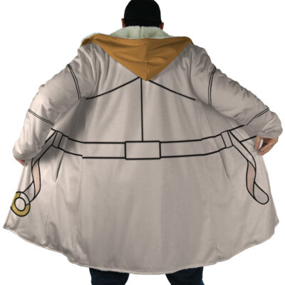 A person stands with their back to the camera, holding open the Mikey Sano Manjiro Flannel Tokyo Revengers Dream Cloak Coat, which has a printed belt design, yellow hood lining, and a furry white collar.