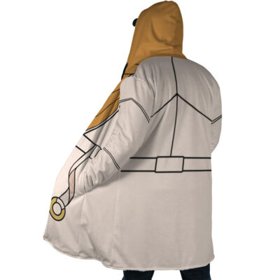 A person is seen from the back wearing the Mikey Sano Manjiro Flannel Tokyo Revengers Dream Cloak Coat, a hooded cloak with a tan and beige robe design, belt detail, and printed pattern in an animated comic style.