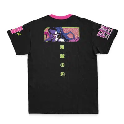 Ishtar Fate Grand Order Streetwear T-Shirt: Black tee with pink collar, anime-style Ishtar with horns and blue hair on back, Japanese text underneath, and bold pink accents on both sleeves.