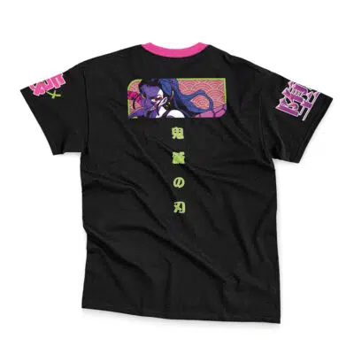 Ishtar Fate Grand Order Streetwear T-Shirt: Black tee with pink collar/sleeves, anime-style Ishtar with long hair on the back, neon green Japanese text, and bold pink sleeve graphics.