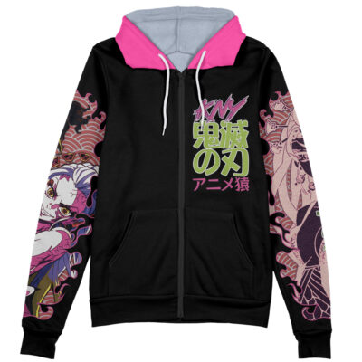 The Ishtar Fate Grand Order Streetwear Zip Hoodie Jacket features a black zip-up design, pink hood lining, anime-style sleeve art, and neon green and pink Japanese text with vibrant characters on the chest.