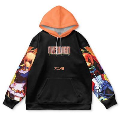 Black and orange "Achilles Rider of Red" Fate Apocrypha streetwear hoodie with vibrant anime graphics on each sleeve, bold OVERLORD lettering on the chest, and Japanese text beneath.
