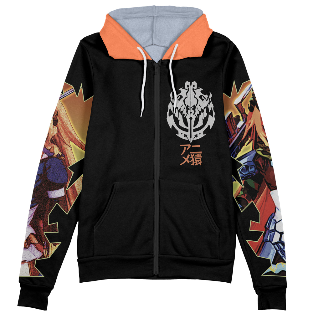 The Achilles Rider of Red Fate Apocrypha Streetwear Zip Hoodie Jacket features a black zip-up design with orange trim, anime-style character art on both sleeves, a white emblem, and Japanese text on the left chest.