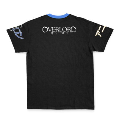 Narberal Gamma Pleiades Overlord Streetwear T-Shirt features white OVERLORD and Japanese text on the back, a blue collar, and blue/yellow stylized sleeve designs.