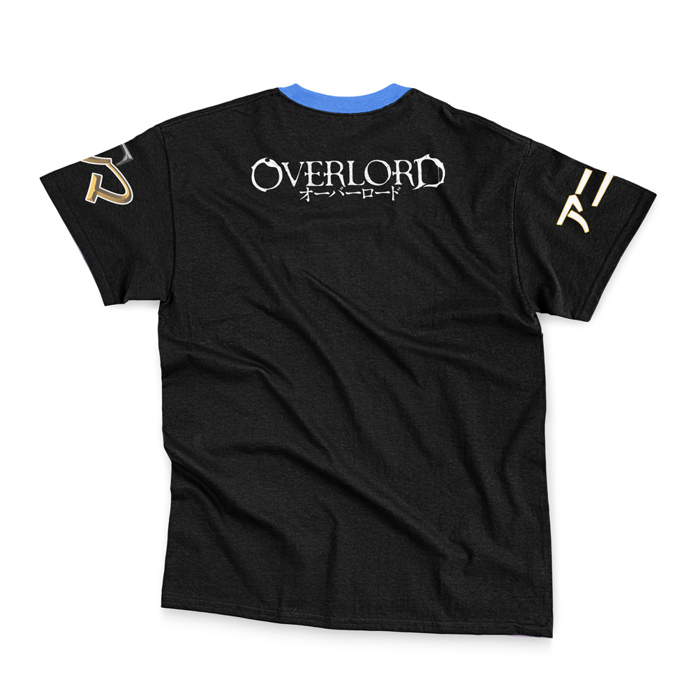 Narberal Gamma Pleiades Overlord Streetwear T-Shirt laid flat, showing the back with "OVERLORD" in white capitals and Japanese characters underneath. Features a black body, blue collar, and gold sleeve designs.