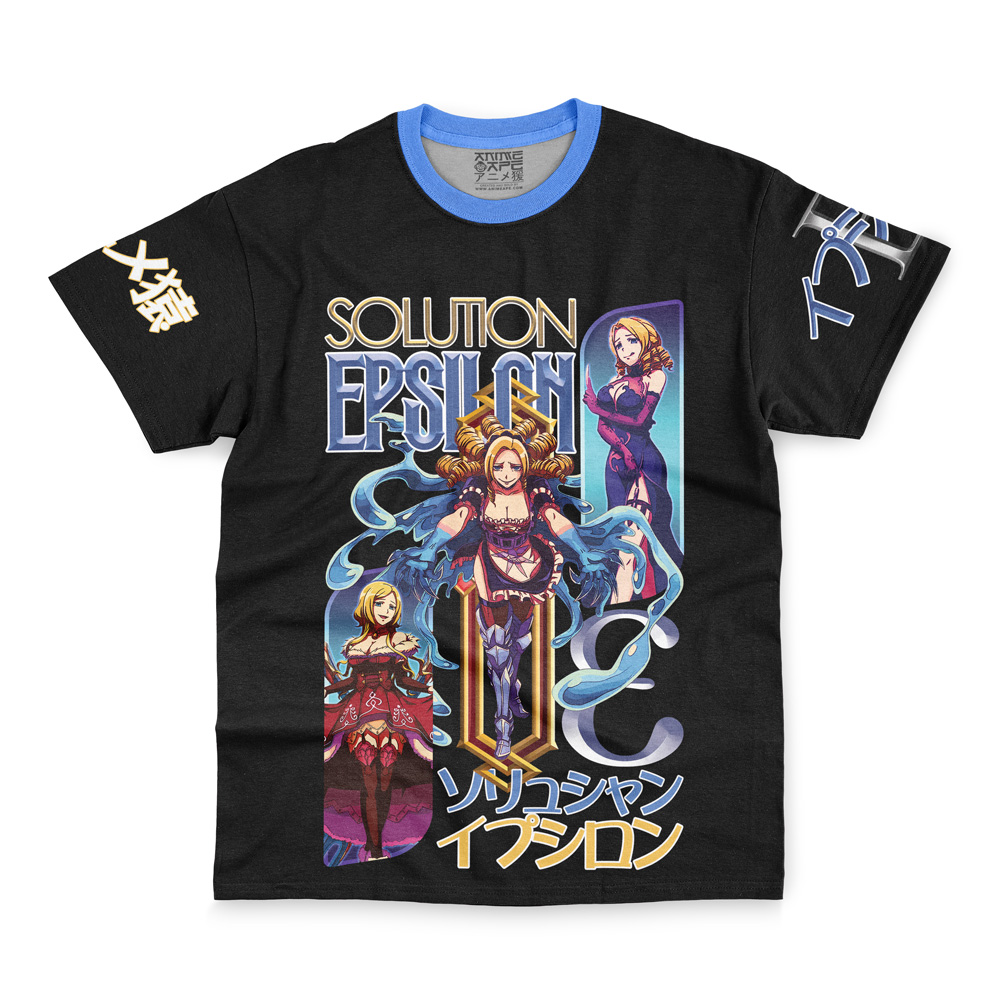 The Narberal Gamma Pleiades Overlord Streetwear T-Shirt features a black base, blue collar, three illustrated female characters, "SOLUTION EPSILON" text, and Japanese characters on the sleeves and below the graphic.