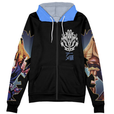 The Narberal Gamma Pleiades Overlord Streetwear Zip Hoodie Jacket is a black zip-up hoodie with a blue hood, white Japanese text and graphic on the chest, and vibrant fantasy creature artwork with brown armor and claws on both sleeves.