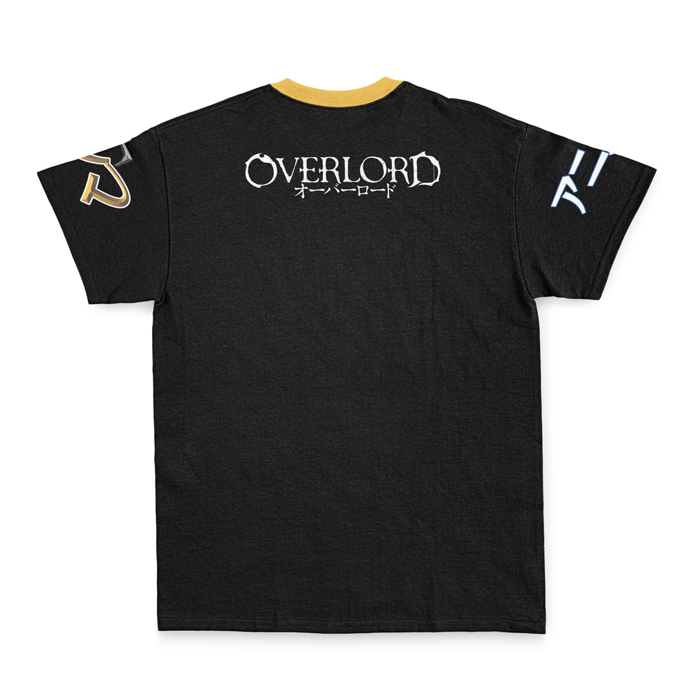 The CZ2128 Delta Pleiades Overlord Streetwear T-Shirt features OVERLORD and Japanese characters in white on the back, a yellow collar, and gold and white designs on both sleeves. Shirt is laid flat to display the back design.