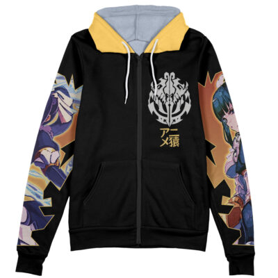 The CZ2128 Delta Pleiades Overlord Streetwear Zip Hoodie Jacket is a black zip-up hoodie with yellow accents, an anime-style crest and Japanese text on the chest, and vibrant anime character art on each sleeve.