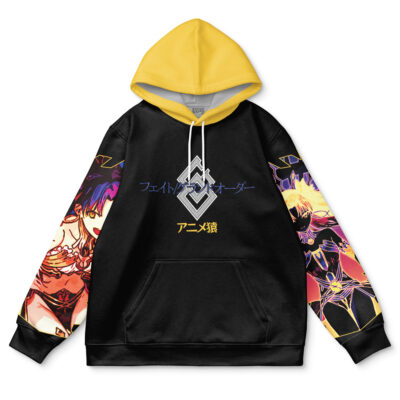 The Shuten-Douji Fate Grand Order Streetwear Hoodie (Copy) is a black hoodie with a yellow hood, colorful anime characters on the sleeves, and a geometric logo with Japanese text on the front.