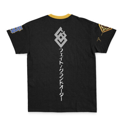 The Shuten-Douji Fate Grand Order Streetwear T-Shirt features a black base with a yellow collar, geometric silver emblem, vertical Japanese text on the back, and sleeves adorned with yellow-blue designs and bold triangular patterns.