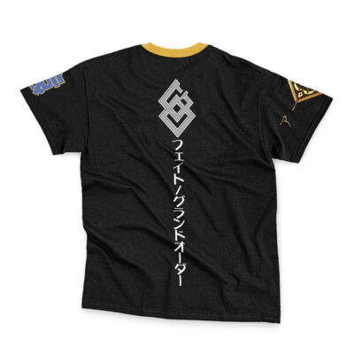 The Shuten-Douji Fate Grand Order Streetwear T-Shirt features a black base with gold collar and cuffs, silver geometric emblem on the upper back, vertical Japanese text underneath, and blue-gold sleeve designs.