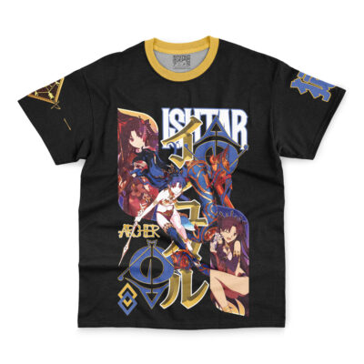 A black Shuten-Douji Fate Grand Order Streetwear T-Shirt featuring colorful anime-style graphics, bold geometric designs, stylized Japanese text, and “ISHTAR” in large white letters across the chest.