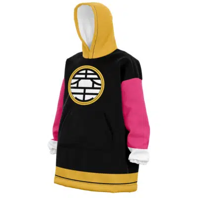 The Kabuto Yakushi 3rd Shinobi War Shippuden Oversized Blanket Hoodie features a yellow hood, pink sleeves, black front and back, yellow hem, large circular white and black chest emblem, white cuffs, and a front pocket.