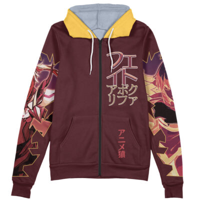 The Ishtar Fate Grand Order Streetwear Zip Hoodie Jacket is a maroon zip-up hoodie with yellow hood lining, bold anime-style character art on both sleeves, Japanese text on the front, and white drawstrings.