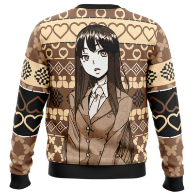 The Sam Fisher Tom Clancy’s Splinter Cell Ugly Christmas Sweater features a brown design with hearts, squares, and diamonds, plus a large black-and-white anime-style illustration of a girl in a suit on the back.