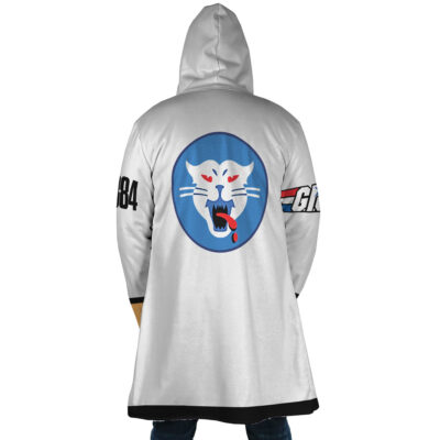 Person wearing the Tanya von Degurechaff The Saga of Tanya the Evil Dream Cloak Coat (Copy), a long, hooded white coat with a large blue patch of a snarling white cat on the back, number 84 on the left arm, and colored design on the right sleeve.