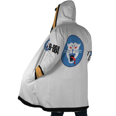 A person wearing the Tanya von Degurechaff The Saga of Tanya the Evil Dream Cloak Coat (Copy): a hooded white coat with black trim, tan lining, a large blue patch with a snarling white cat on the back, and black text/designs on the sleeves.