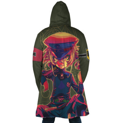 Someone wearing the Nero Devil May Cry 4 Dream Cloak Coat, featuring a bold anime-style print of Nero in a military uniform with intense eyes, hat, and gloves on the back.
