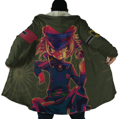 A person, back to the camera, opens a green Nero Devil May Cry 4 Dream Cloak Coat (Copy) revealing a large, colorful anime character with sharp eyes in a military uniform on the inside lining.