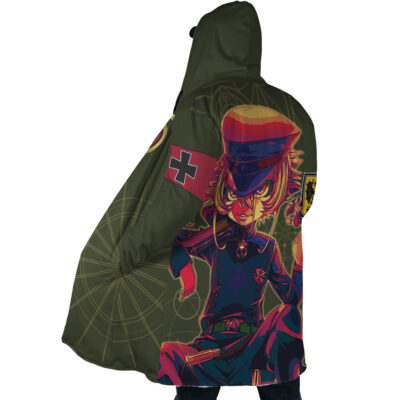 A person wearing the Nero Devil May Cry 4 Dream Cloak Coat, featuring a bold anime-style illustration of a stern character in a military uniform with striking red and gold accents set against a geometric background.