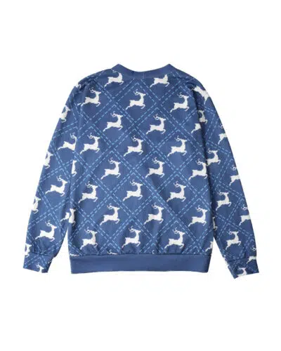 The image features the back of a Default Knitted Cardigan Sweater in blue, decorated with a repeating white reindeer pattern in a diamond grid, laid flat on a white background.