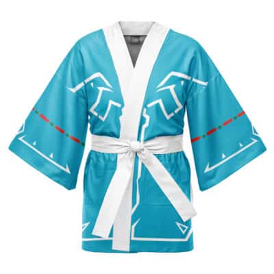 The Shine Sprite Super Mario Bros Coat Haori Kimono features a blue kimono style with white angular patterns, a white collar and belt, red and green dashed lines on the sleeves, and geometric designs on the front and sleeves.