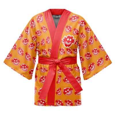 The Sonic the Hedgehog Happi Coat Haori Kimono (Copy) is a short-sleeved robe with a red belt and trim, decorated with repeating cartoon red and white smiling faces on an orange background.