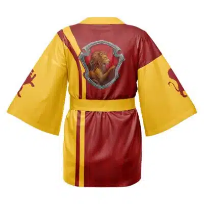 The Breath of the Wild The Legend of Zelda Happi Coat Haori Kimono features yellow sleeves and belt, a red back, a central lion crest, red lions on each sleeve, and a vertical red stripe down the left side.