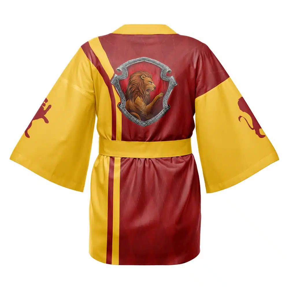 The Breath of the Wild The Legend of Zelda Happi Coat Haori Kimono features yellow sleeves and belt, a red back, a central lion crest, red lions on each sleeve, and a vertical red stripe down the left side.