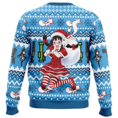 The Shiro No Game No Life Ugly Christmas Sweater features a festive blue design with a cartoon girl in a red Christmas outfit, striped stockings, glasses, and a sack. White foxes and pixel patterns complete the holiday-themed look.
