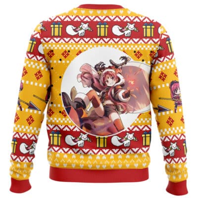 The Homura Akemi Puella Magi Madoka Magica Ugly Christmas Sweater features a red and yellow pattern with white foxes, gift boxes, and hearts. At the center is Homura Akemi in an anime-style pose within a circular frame.