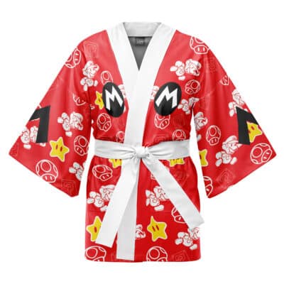 A Dr. Eggman Sonic the Hedgehog Happi Coat Haori Kimono featuring red fabric, white trim and belt, plus Super Mario-style icons like stars, mushrooms, question blocks, and M logos on the chest and sleeves.