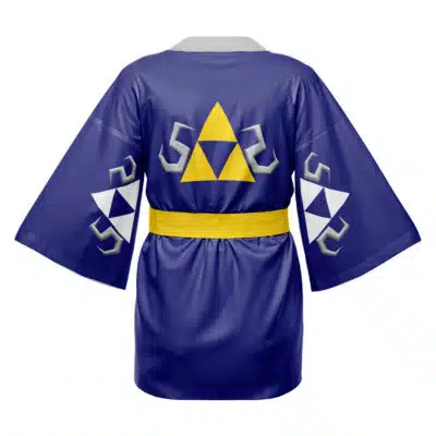 The Slytherin Hogwarts Legacy Harry Potter Happi Coat Haori Kimono features wide sleeves, a yellow belt, a large yellow triangle on the back, white and gray geometric designs on the sleeves and back, and a gray collar.