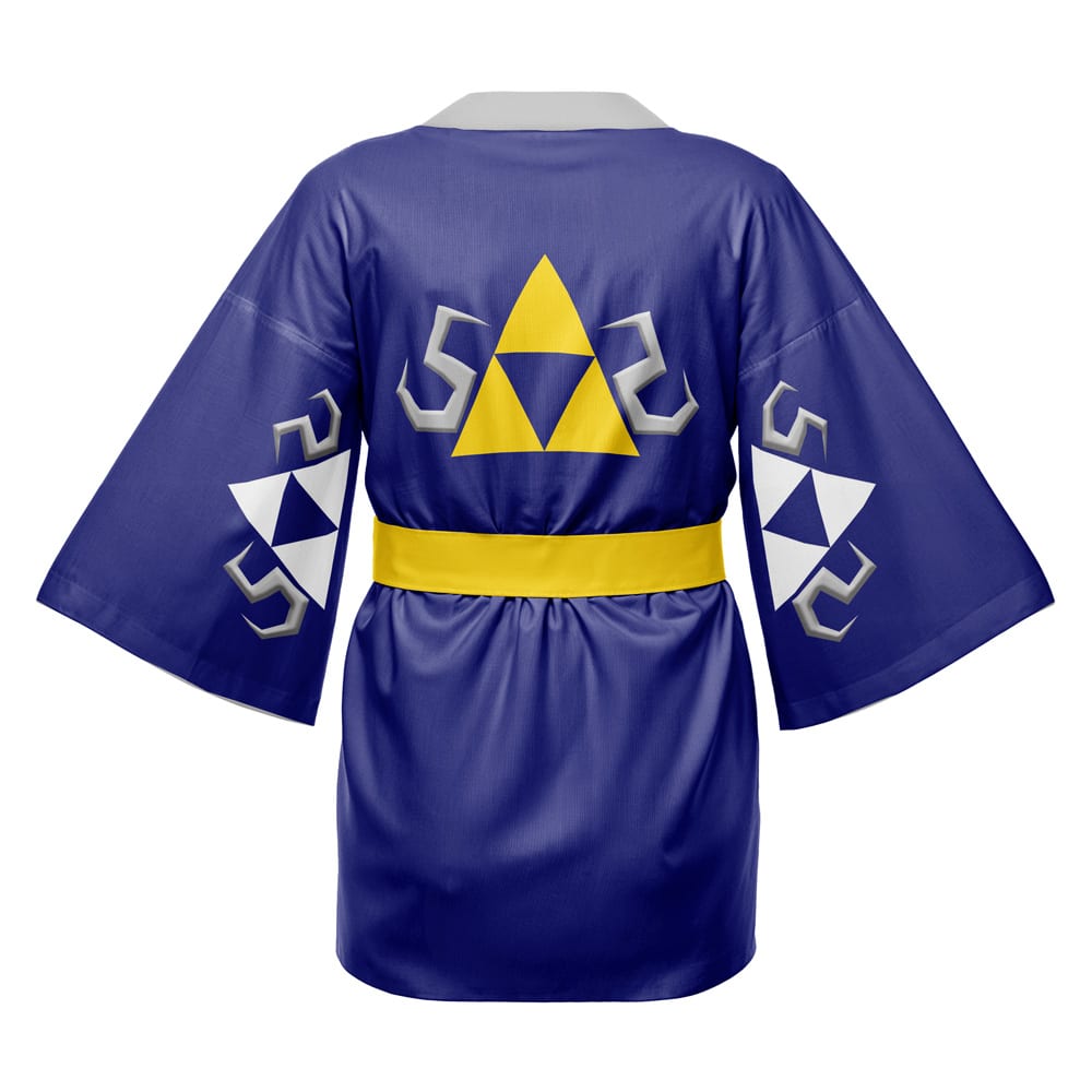 The Slytherin Hogwarts Legacy Harry Potter Happi Coat Haori Kimono features wide sleeves, a yellow belt, a large yellow triangle on the back, white and gray geometric designs on the sleeves and back, and a gray collar.