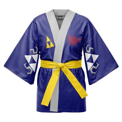 A blue Slytherin Hogwarts Legacy Harry Potter Happi Coat Haori Kimono with gray trim, yellow belt, and white, yellow, and red symbols on the chest and sleeves.