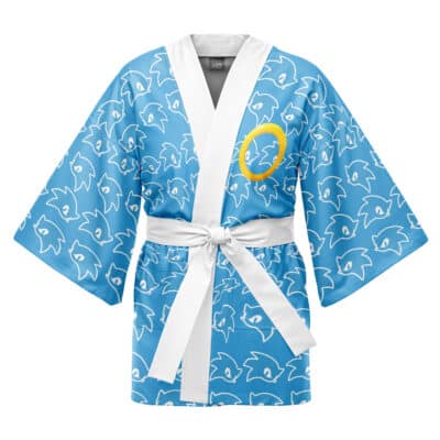 The Dovahkiin Skyrim Happi Coat Haori Kimono features a light blue design with white Sonic the Hedgehog faces, a large yellow ring on the left side, and comes with a white collar and belt.