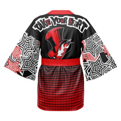 The Sagara Sanosuke Cosplay Rurouni Kenshin Happi Coat Haori Kimono features black and red colors, star sleeve patterns, red polka dots at the hem, and "Take Your Heart" above a flaming top hat logo on the back.