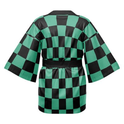 The Kyojuro Rengoku V2 Demon Slayer Happi Coat Haori Kimono (Copy) is a kimono-style robe with wide sleeves, showcasing a green and black checkerboard pattern on the back and sleeves.