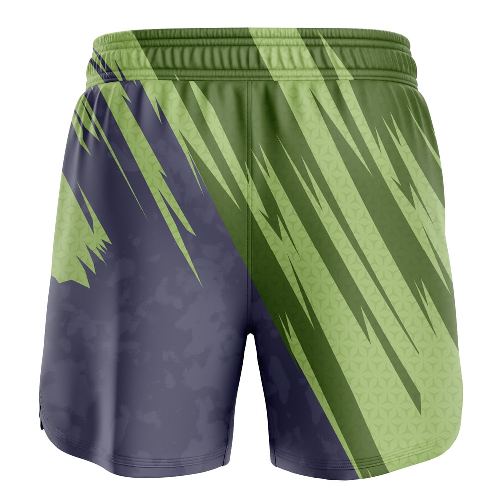 Houndoom Attack Pokemon BBJ MMA Fight Shorts feature an elastic waistband and bold, angular patterns in green and dark navy, with sharp diagonal stripes and abstract geometric designs.