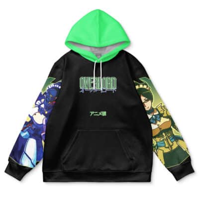 The Solution Epsilon Pleiades Overlord Streetwear Hoodie features a black base with a neon green hood, OVERLORD text and Japanese characters on the chest, plus blue and yellow anime-style character designs on the sleeves.