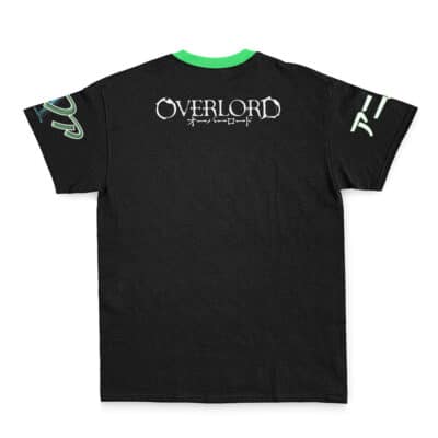 The Solution Epsilon Pleiades Overlord Streetwear T-Shirt (Copy) is black with a green collar, colorful sleeve designs, and features “OVERLORD” plus Japanese characters printed in white on the back.