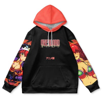 The Entoma Vasilissa Zeta Pleiades Overlord Streetwear Hoodie is a black hoodie with a red hood, anime characters on the sleeves, "Overlord" in stylized text on the chest, and Japanese writing below.